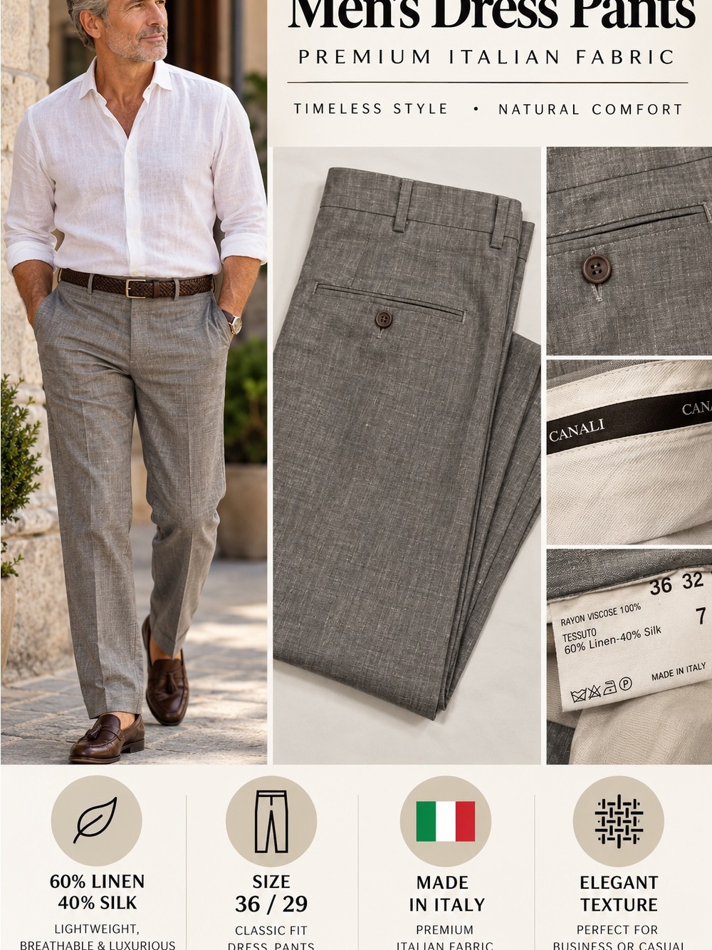 Canali Men's Gray Linen-Silk Chinos